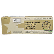 Epinephrine Prefilled Syringe 0.1 mg/mL box for emergency anaphylaxis and severe allergic reaction treatment.