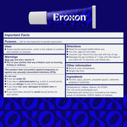 Back of Eroxon gel box displaying usage warnings, ingredients, storage instructions, and manufacturer details in blue and white design.