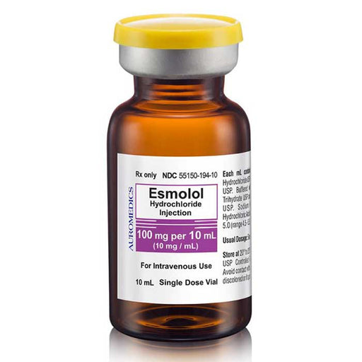 Esmolol Injection 10 mL vial for rapid heart rate control, used in acute situations to manage arrhythmias and stabilize cardiac function.