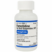White plastic bottle of Famotidine oral suspension with blue and black label indicating 40 mg/5 mL, 50 mL size, for acid reflux relief