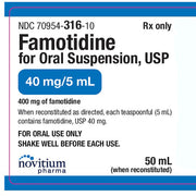 Close-up of Famotidine oral suspension label showing dosage 40 mg/5 mL, 50 mL bottle, with blue and black text on white background