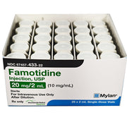 Sterile box of Famotidine 20mg injection vials with 25 single-dose 2mL vials, white caps, and black and green labeling for gastrointestinal treatment.