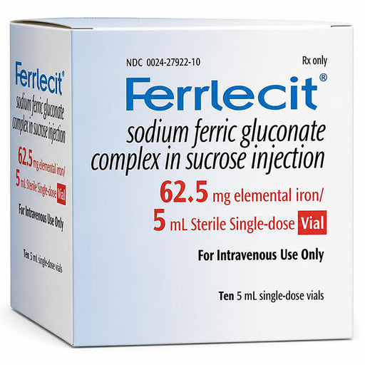 Ferrlecit Sodium Ferric Gluconate Complex Sucrose Injection 62.5 mg Elemental Iron 5 mL.