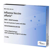 Blue and white box of AFLURIA influenza vaccine with text indicating 2025-2026 formula, 10 pre-filled syringes, intramuscular use, SKU: 33332-0025-03