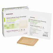 Box of McKesson hydrocellular foam dressings with silicone adhesive border, sterile 4x4 inch foam wound dressing, includes one dressing and packaging.