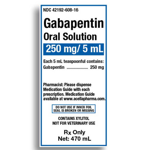 Box of Gabapentin Oral Solution 250mg/5 mL for nerve pain relief and seizure management, supporting overall neurological health.