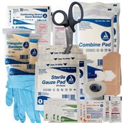 This section has all types of medical supplies like: nitrile gloves, gauze pads, medical tapes, ice packs, face masks, and antibiotic ointments .