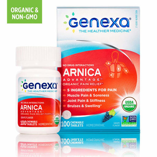 Buy Genexa Arnica Pain Relief Remedy Arnica 100 Chewable Tablets, Grape Flavor used for 