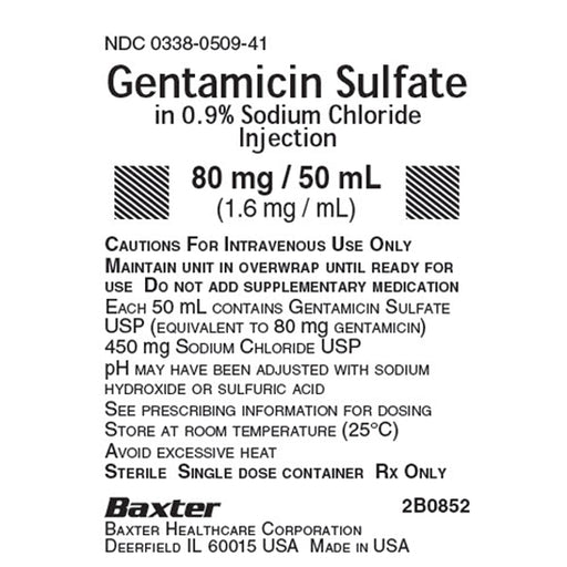 Shop for Gentamicin Sulfate in 0.9% Sodium Chloride IV Solution Bags Injection 80 mg in 50 mL VIAFLEX Plus Bags, 24/Case used for Antibiotic IV Solution