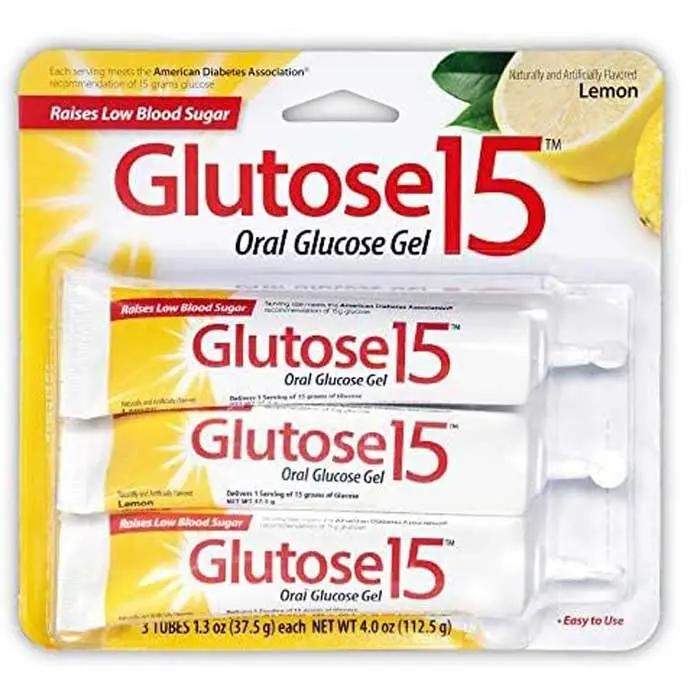 Glutose 15 Oral Glucose Gel Lemon Flavored, 15g tube for rapid blood sugar boost, ideal for hypoglycemia relief and diabetic emergencies.