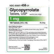 A close-up of a Glycopyrrolate Tablets, USP 1 mg box front showing product information, dosage, storage, and a QR code.