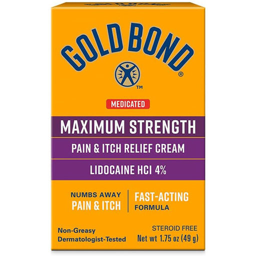 Gold Bond Lidocaine Cream tube for fast-acting pain relief, soothing itching, burning, and minor skin irritations on contact.