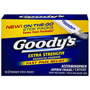Blue and yellow box of Goody's Extra Strength Headache Relief Powder with 50 powder stick packs for fast pain relief, featuring aspirin and acetaminophen.