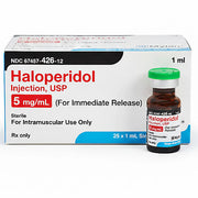 Amber glass vial with green cap containing 5 mg/mL Haloperidol Injection for intramuscular use, 1 mL dose, in pharmacy box