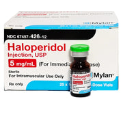 Box of 25 single-dose vials of Haloperidol Injection 5 mg/mL with white and blue packaging, featuring vial image and dosage details
