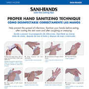 Instructions for using Sani-Hands instant hand sanitizing wipes with step-by-step illustrations.