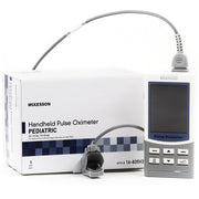 White handheld pediatric pulse oximeter with digital display and finger sensor probe, used for accurate oxygen monitoring in children