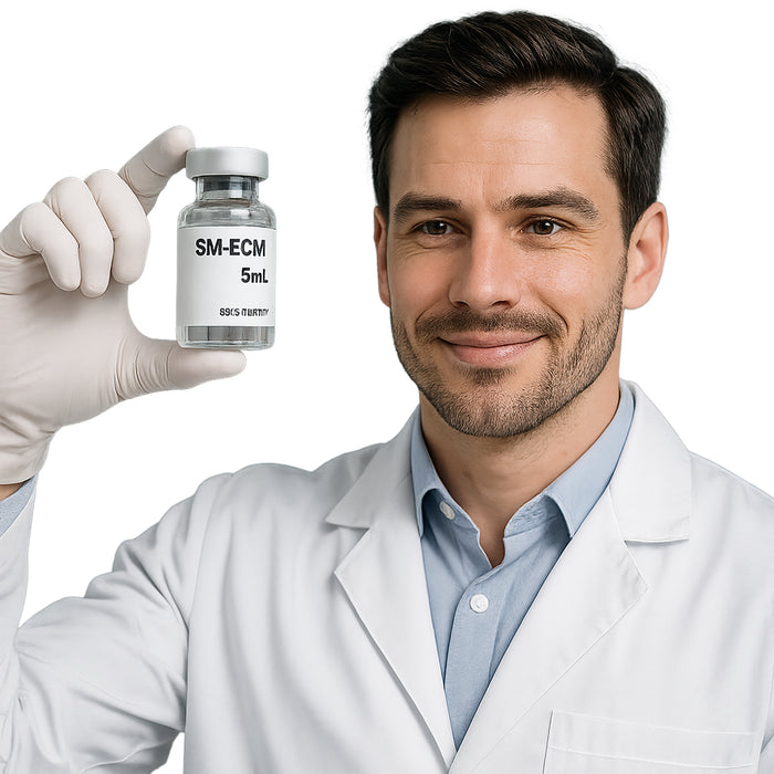 Handsome doctor holding up Exosome Acellular Regenerative Biologic Injection.