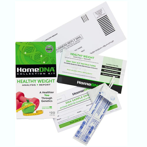 Healthy Weight Testing Kit with testing swab, information card and mailing envelope.