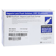 Box of Heparin Lock Flush IV Flush Solution 10 units/mL, 5 mL prefilled syringes, sterile, designed to reduce reflux, with 30 single-use syringes