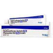 Box of Hydrocortisone Acetate 1% and Pramoxine HCl cream with blue and white design, 1 oz size, for dermatology and allergy treatment