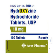 Close-up of the Hydroxyzine HCL 10 mg tablets label with green and blue text, indicating prescription medication for allergy and eczema treatment