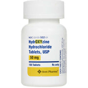 White prescription bottle of Hydroxyzine 50 mg tablets with label featuring yellow and blue text, used for allergy and anxiety symptom relief.