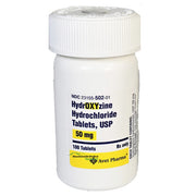 White medication bottle of Hydroxyzine 50 mg tablets with label displaying yellow and blue text, designed for allergy and anxiety treatment.