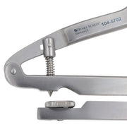 Close-up of stainless steel IV rubber dam punch showing adjustable screw and detailed branding, ideal for dental procedures, SKU: 104-5702