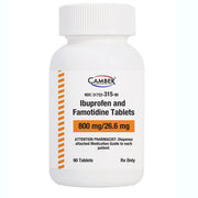 White plastic bottle of Camber Pharmaceuticals Ibuprofen 800mg and Famotidine 26.6mg tablets with label indicating 90 tablets, Rx only, for pain relief and heartburn care