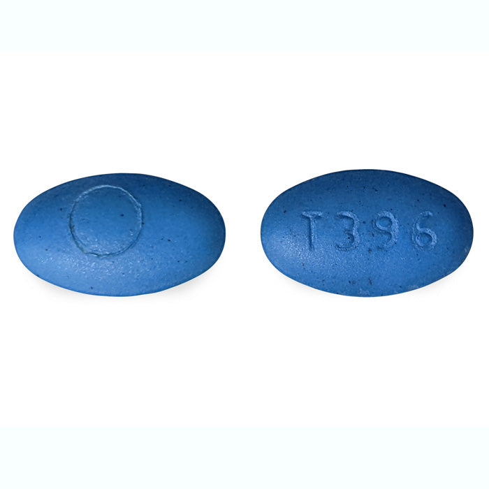 Two blue pills with 'T396' marking on Ibuprofen 800mg and Famotidine 26.6 mg Tablets
