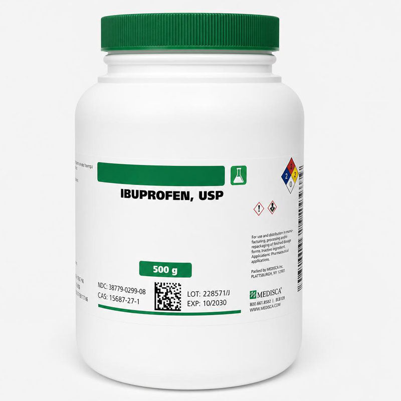 Container of Ibuprofen USP used for making custom pain medicines. 