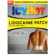 Icy Hot Lidocaine 4% patches with menthol for maximum strength pain relief, shown on a person's back, adhesive patch, yellow and gray packaging