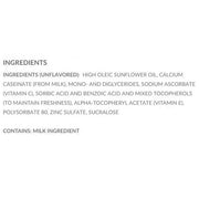 Close-up of ingredients label showing unflavored liquid with milk protein, sunflower oil, calcium caseinate, and added vitamins for nutritional support.