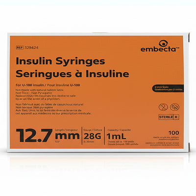 Insulin Syringes 28 Gauge x 1/2 inch, 1 mL Microfine U-100 by Embecta 329424