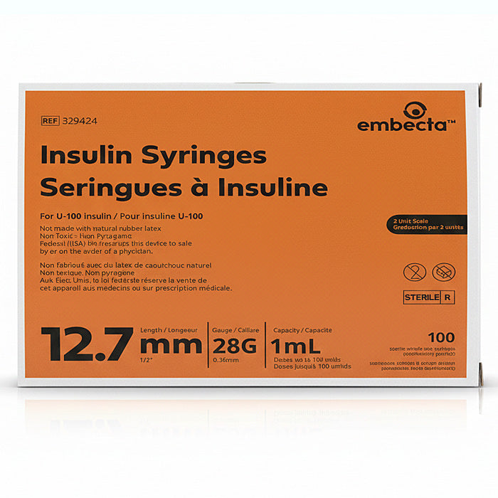 Insulin Syringes 28 Gauge x 1/2 inch, 1 mL Microfine U-100 by Embecta 329424