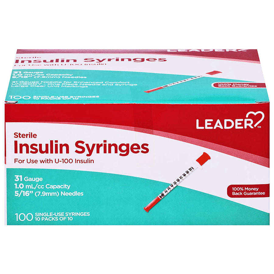 Insulin Syringes 31 gauge x 5/8", 0.5 mL by Leader 100/Box