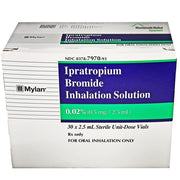 Ipratropium Bromide Inhalation Solution vials for COPD; respiratory medication optimizing lung function on a pharmacy counter.