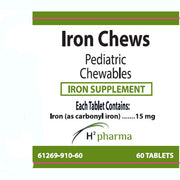 Pediatric iron supplement tablets in white bottle with green label, containing 60 chewable tablets for kids' iron intake, SKU: 61269-0910-60