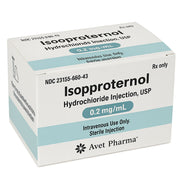 White box of Isoproterenol Hydrochloride Injection with blue and black text, indicating 0.2 mg/mL concentration, sterile injectable medication, SKU: 23155-0660-43