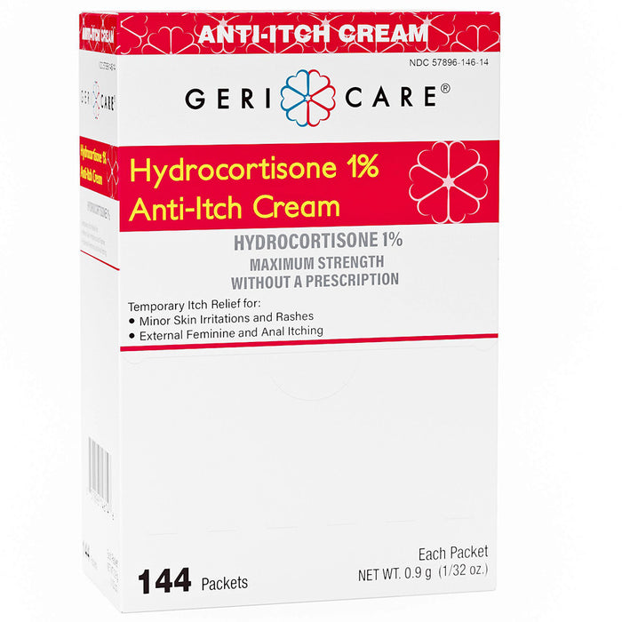Itch Relief Cream Hydrocortisone 1% Maximum Strength, 144 Per Box Individual Packets by Geri-Care Pharmaceuticals