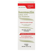 White and red box of Ivermectin Lotion 0.5% for lice treatment with product details and net weight, designed for skin health use
