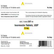 Silver foil strip of 20 ivermectin 6 mg tablets for parasitic infection relief, with yellow label highlighting dosage, on white background