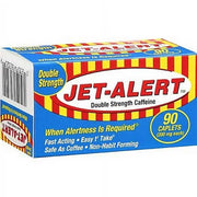 Box of Jet Alert Double Strength Caffeine Pills with 90 caplets, blue and yellow packaging, fast acting alertness aid, SKU: 23074-0803-20