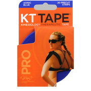 Blue kinesiology tape with 20 precut strips in Sonic Blue color, designed for muscle support and injury relief, 10-inch length, SKU: 57879-0003-62