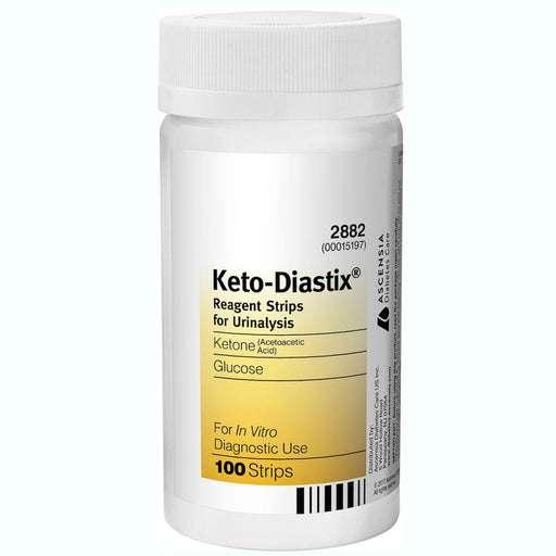 Keto-Diastix Ketone Reagent Strips box for urinalysis testing; 100 strips shown for monitoring ketone levels in urine.