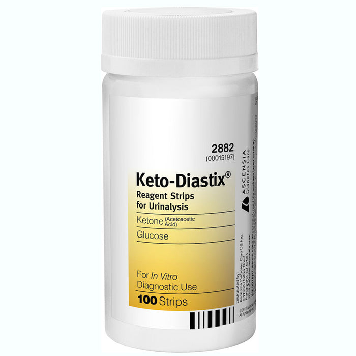 Keto-Diastix Ketone Reagent Strips box for urinalysis testing; 100 strips shown for monitoring ketone levels in urine.