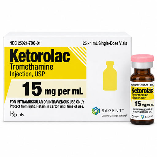 Keterolac Tromethamine Injection 15 mg per mL, 25 x 1 mL single-dose vials box and one vial.