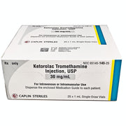 Silver box of Ketorolac Tromethamine Injection 30mg/mL, 25 single-dose vials for intravenous or intramuscular pain relief, sterile medical supply.