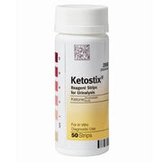 Ketostix reagent strips bottle and box for urinalysis, used to test urine ketone levels for diabetes or ketogenic diets, 50 strips.